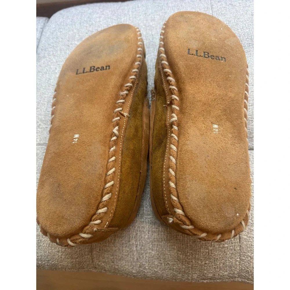 LL Bean Wicked Good Moccasins Mens 14 Brown Shearling Sheepskin Slippers. EUC